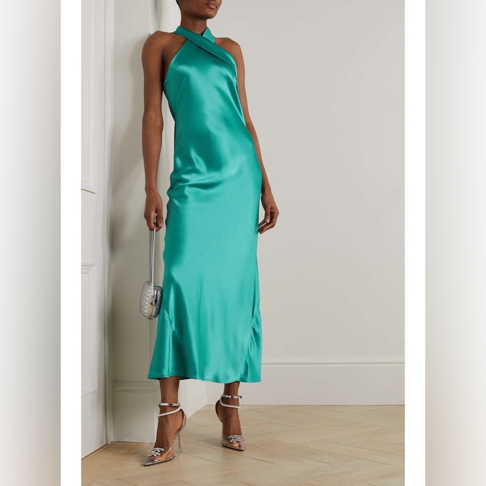 Galvan Satin Pandora Halter Neck Slip Dress in Teal